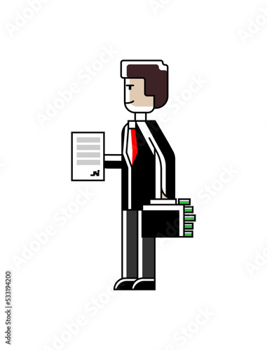 European businessman with contract and suitcase full of money in hands. Corporate business people isolated vector illustration in linear style.
