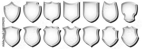 A set of vector badges and police stripes. White insulated shields with black and white gradient and shadow