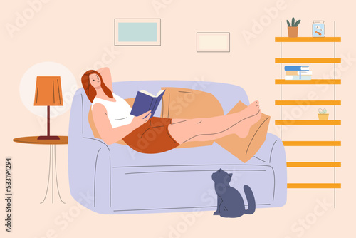 Girl on sofa reading book. Woman rest home at evening with cat. Weekend relax, student learning notebook, cozy vector illustration
