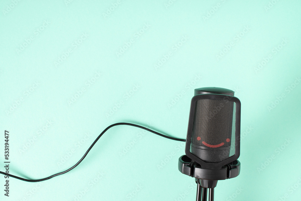 Microphone on a light blue background with a space for text. Space for copying. Flat position, top view Microphone on a light blue background with a space for text. Space for copying. Flat position, top view