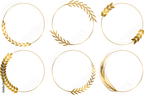 Laurel leaf golden frames. Isolated wreath with branches, gold botanical circles. Stylysh elegance anniversary decor, award or wedding vector emblems