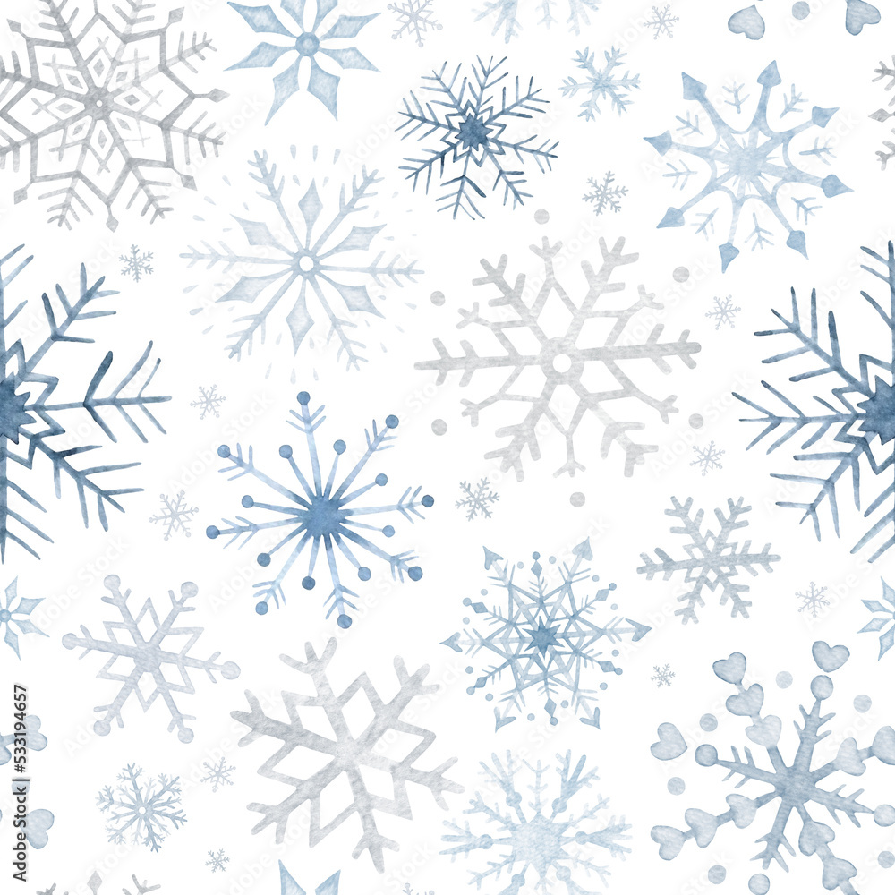 Watercolor seamless pattern with blue and grey snowflakes, isolated on transparent background Watercolor seamless pattern with blue and grey snowflakes, isolated on transparent background