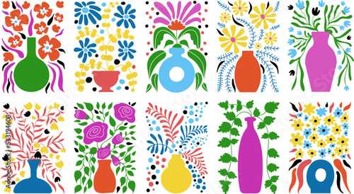 Abstract flower bouquets in vases. Decorative bouquet, design for invitation, posters or cards. Vase shapes vintage collection, trendy decent creative vector print