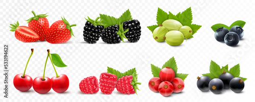 Berries mix - strawberry, raspberry, blackberry, gooseberry, cherry, currant and blueberry with green leaves, isolated on white background. Realistic 3d vector illustration.
