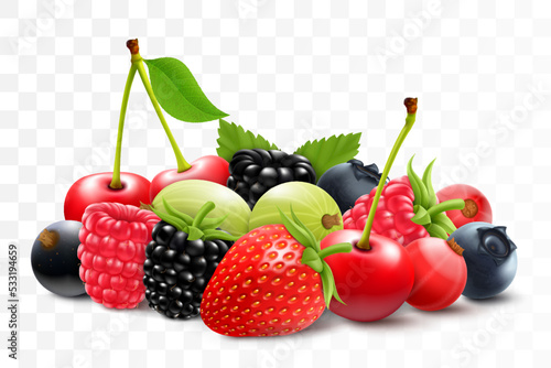 Mix of different berries, fresh assorted strawberry, raspberry, blackberry, gooseberry, cherry, currant, cranberry, and blueberry, isolated on white background. Realistic 3d vector illustration.