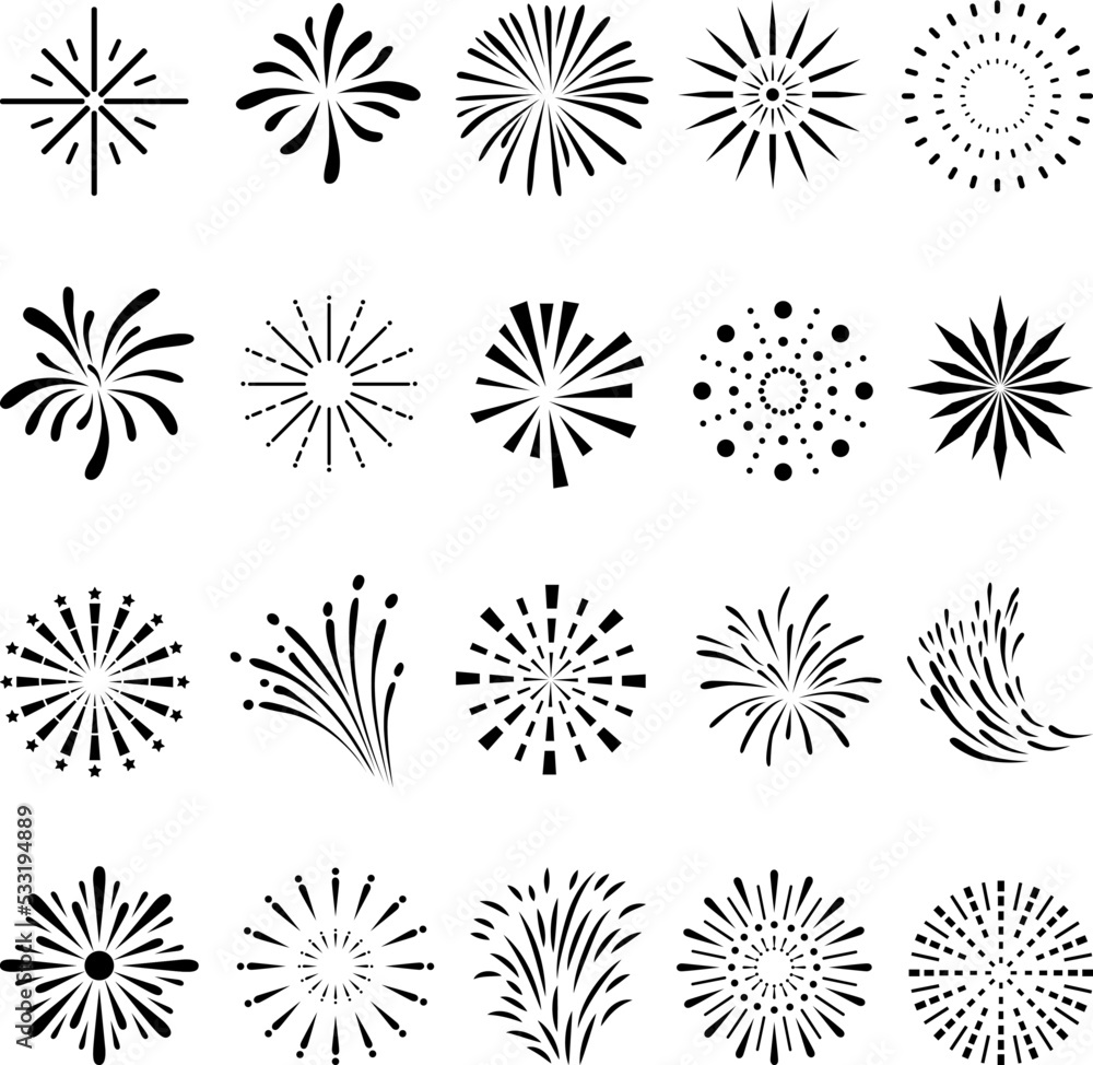 Flat fireworks black clipart. Exploding firework, celebration simple ...