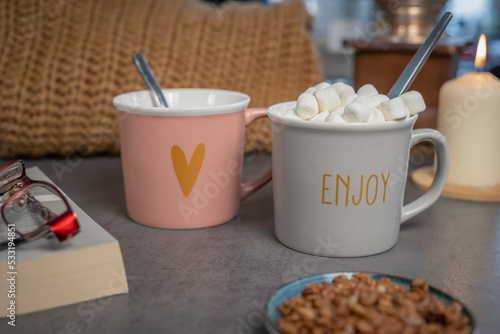 Fotografía tasse de chocolat chaud avec de la guimauve, ambiance hivernale et cocooning