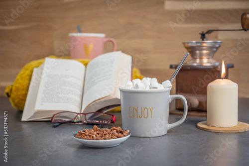 Fotografía mug de chocolat gris avec des guimauves et décor en flou pour petit déjeuner d'h