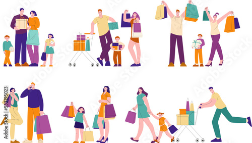 Family shopping with kids, flat consumers in mall or grocery store with purchases. Supermarket sale, kicky fun people with bags and boxes vector set