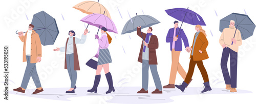 Crowd walk at rain or storm. Rainy protection, umbrella and coats. Stormy day outside and people going work. Spring autumn season weather kicky vector scene