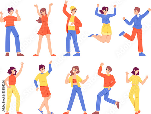 Positive young adults characters. Different university youth societies person  happy teenager or young friends. Cheering celebration carefree students snugly vector set