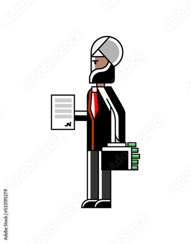Indian businessman with contract and suitcase full of money in hands. Corporate business people isolated vector illustration in linear style.