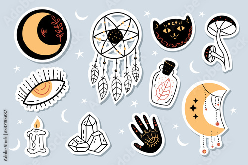 Witchcraft magic tarot mystic esoteric witch stickers decor doodle outline sketch design element abstract line art set