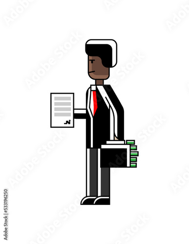 African businessman with contract and suitcase full of money in hands. Corporate business people isolated vector illustration in linear style.