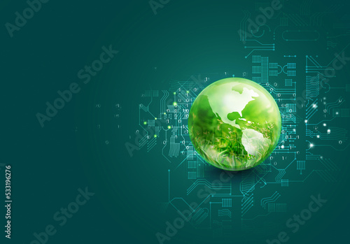 Natural World in changing digital technology era time concept, Glass earth and green grass inside on digital graphic art binary numbers dark background