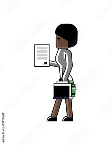 African businesswoman with contract and suitcase full of money in hands. Corporate business people isolated vector illustration in linear style.