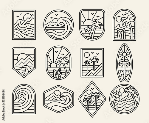 Vector surf theme line art badge designs. For t-shirt prints, posters, stickers and other uses.