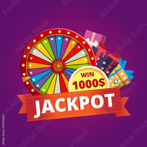 Vivid banner saying Jackpot and advertising fortune and plenty of presents.