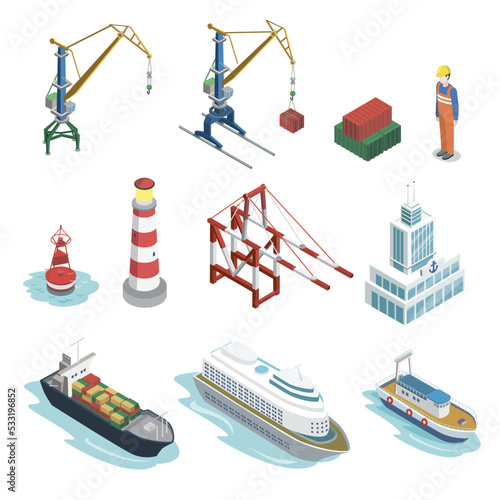Sea shipping logistics isometric 3D elements. Commercial world marine delivery, freight transportation. Container ship, lighthouse, cargo crane, port, warehouse, navigational buoy vector illustration.