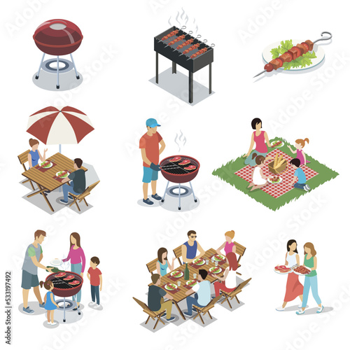 Family grill barbecue party isolated set. Kettle grill with assorted food, traditional preparing grilled meat, picnic on grass, outdoor summer BBQ party with families and friends vector illustration.
