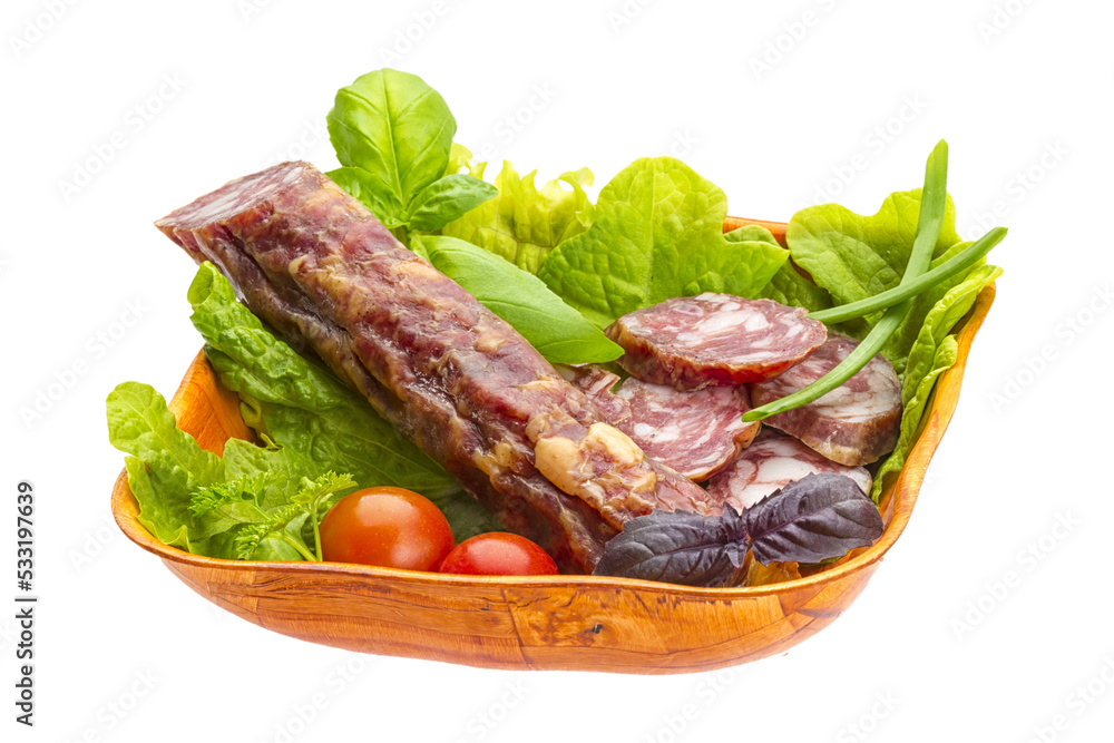 Ripe salami with salad, basil, onion and tomato Ripe salami with salad, basil, onion and tomato