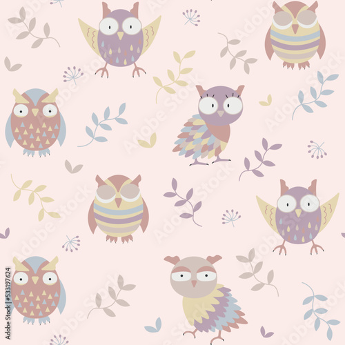 Girl birds seamless pattern. Funny forest background with cute owls. Vector illustration with baby wild characters for baby shower  birthday  party design.