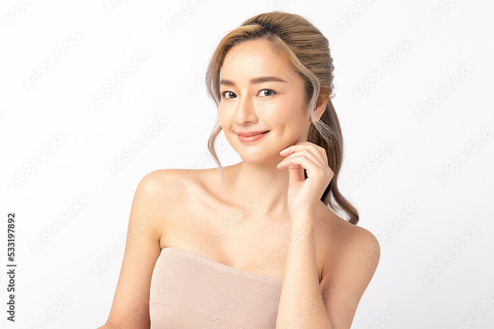 Happy beautiful young asian woman clean fresh bare skin concept. Asian girl beauty face skincare and health wellness, Facial treatment, Perfect skin, Natural make up. Isolated on white background. Happy beautiful young asian woman clean fresh bare skin concept. Asian girl beauty face skincare and health wellness, Facial treatment, Perfect skin, Natural make up. Isolated on white background.