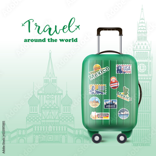 Vector picture of green luggage bag with plenty of country stamps for worldwide voyage.