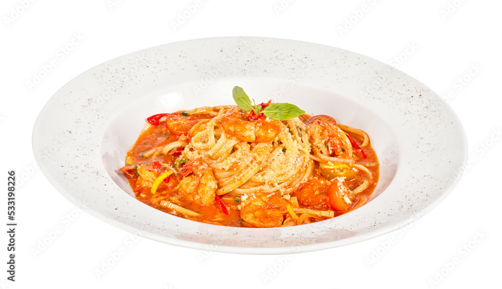 A plate of linguini with sauteed shrimp, tomato, chili and olive oil A plate of linguini with sauteed shrimp, tomato, chili and olive oil