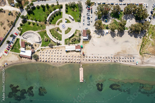 A distant view of Urla Balıklıova, formerly called Polikhne and located in İzmir, the pearl of the Aegean region. Drone view of Balikliova, Urla  Izmir. Turkey photo