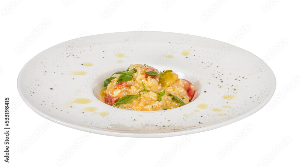 photo of delicious risotto dish with herbs and tomato on white background photo of delicious risotto dish with herbs and tomato on white background