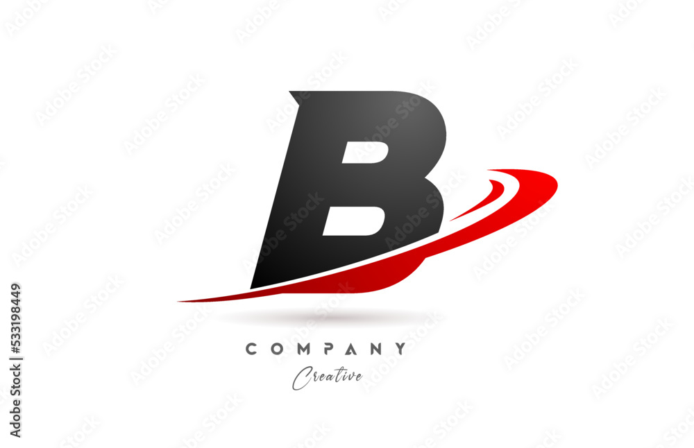 black grey B alphabet letter logo icon design with red swoosh. Creative template for company and business