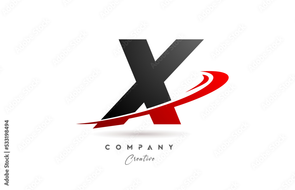 black grey X alphabet letter logo icon design with red swoosh. Creative template for company and business