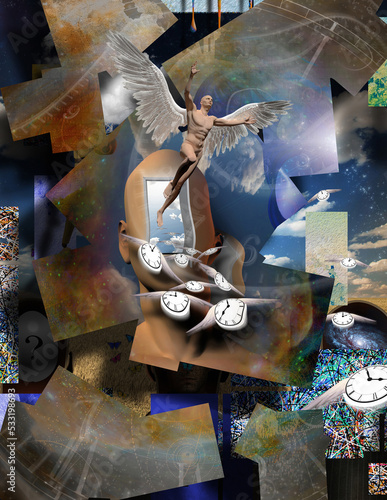 Man's head with opened door to another world