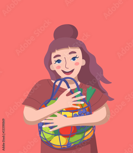 Girl holding shopping bag with vegetables and fruits