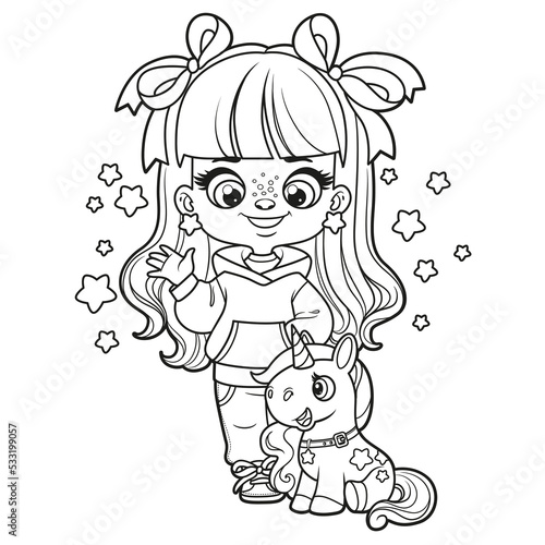 Cute cartoon girl with soft toy Unicorn outlined for coloring page on a white background