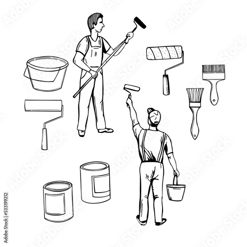 Мобильное устройствоPainter and tools for painting walls. Sketch illustration.