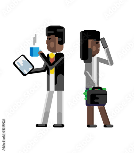African businessman with tablet computer and black businesswoman with money suitcase. Corporate business people isolated vector illustration.