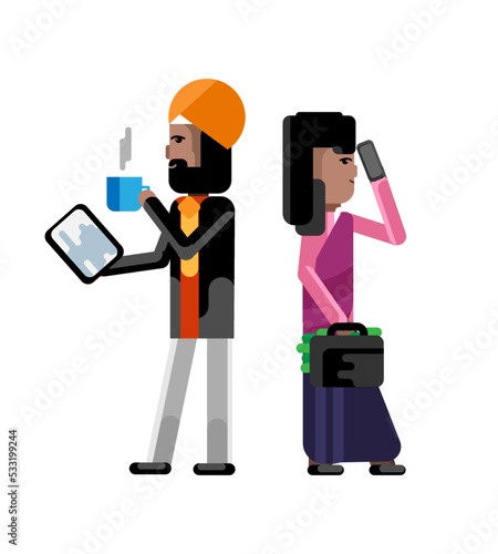Indian businessman in turbine with tablet computer and businesswoman with money suitcase. Corporate business people isolated vector illustration.