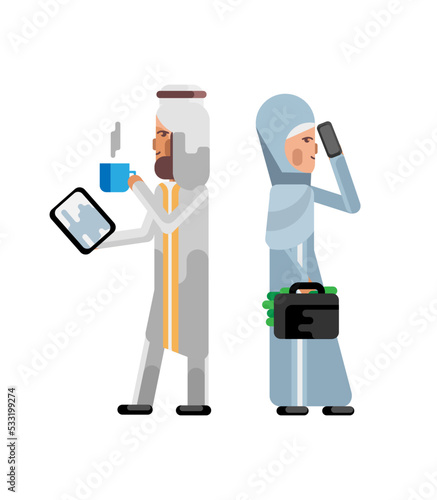 Arabic businessman with tablet computer and businesswoman with money suitcase. Corporate business people isolated vector illustration.