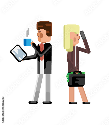 European businessman with tablet computer and blonde businesswoman with money suitcase. Corporate business people isolated vector illustration.
