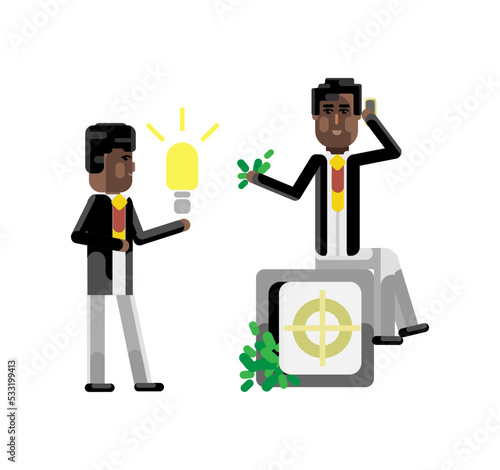 African businessman holding idea light bulb and investor with smartphone sitting on bank safe full of money isolated vector illustration.
