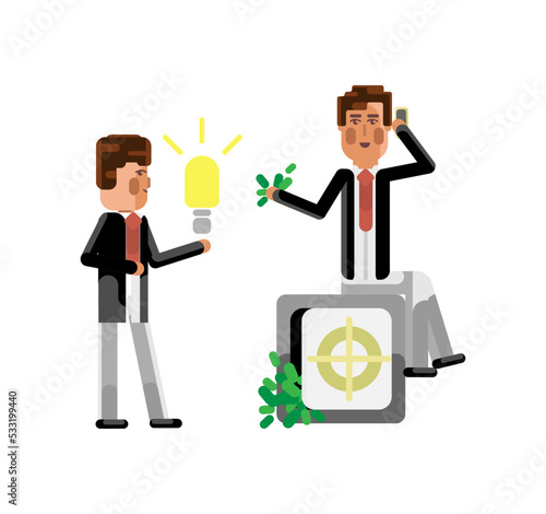 European businessman holding idea light bulb and investor with smartphone sitting on bank safe full of money isolated vector illustration.