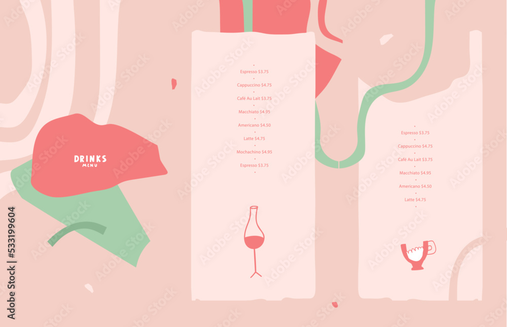 Drinks menu design. Wine, champagne, coffee, cocktail, shake. Vector template. Abstract shapes, elements, lines. For bar, cafe, coffee house, restaurant. Red, pink, green. Drinks menu design. Wine, champagne, coffee, cocktail, shake. Vector template. Abstract shapes, elements, lines. For bar, cafe, coffee house, restaurant. Red, pink, green.