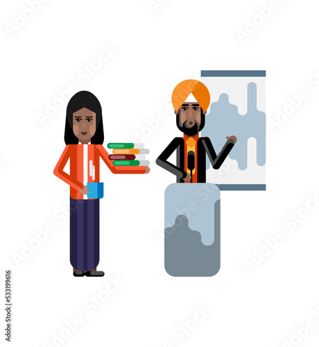 Indian sikh speaker on tribune doing business presentation and and secretary with documents and coffee cup near here isolated vector illustration.