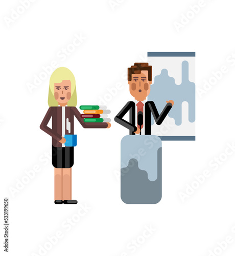 European speaker on tribune doing business presentation and and secretary with documents and coffee cup near here isolated vector illustration.