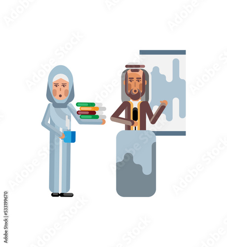 Arabic speaker on tribune doing business presentation and and secretary with documents and coffee cup near here isolated vector illustration.