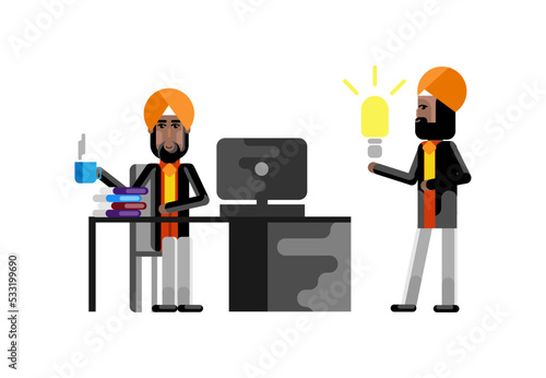Business meeting indian manager with businessman holding idea light bulb. Corporate business people isolated vector illustration.