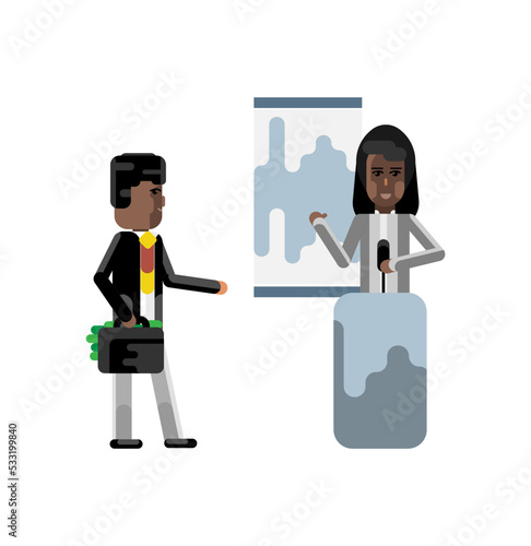 African woman on tribune doing business presentation and investor holding money suitcase isolated vector illustration.