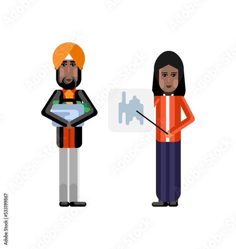 Indian businesswoman showing financial diagram and investor in turbine holding money suitcase isolated vector illustration.